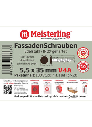 Meisterling Vis de façade 5,5x35 mm, 100 pcs., tête plate 12 mm, filetage partiel, empreinte Torx, acier inoxydable V4A, marron foncé (010030000131)