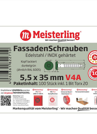 Meisterling Vis de façade 5,5x35 mm, 100 pcs., tête plate 12 mm, filetage partiel, empreinte Torx, acier inoxydable V4A, vert foncé (010030000141)