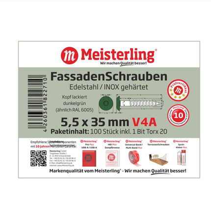 Meisterling Vis de façade 5,5x35 mm, 100 pcs., tête plate 12 mm, filetage partiel, empreinte Torx, acier inoxydable V4A, vert foncé (010030000141)