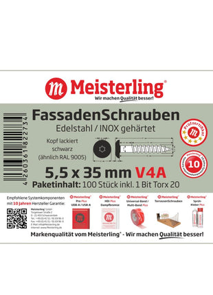 Meisterling Vis de façade 5,5x35 mm, 100 pcs., tête plate 12 mm, filetage partiel, empreinte Torx, acier inoxydable V4A, noir (010030000151)