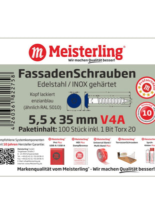 Meisterling Vis de façade 5,5x35 mm, 100 pcs., tête plate 12 mm, filetage partiel, empreinte Torx, acier inoxydable V4A, bleu gentiane (010030000161)