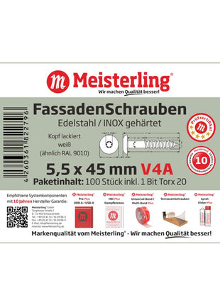 Meisterling Vis de façade 5,5x45 mm, 100 pcs., tête plate 12 mm, filetage partiel, empreinte Torx, acier inoxydable V4A, blanc (010030000311)