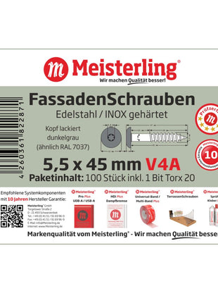 Tornillos para fachada Meisterling 5,5x45 mm 100 piezas (010030000331) 12 mm cabeza plana gris oscuro con rosca parcial Torx Acero inoxidable V4A