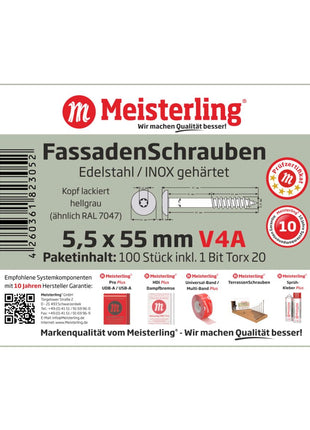 Meisterling Vis de façade 5,5x55 mm, 100 pcs., tête plate 12 mm, filetage partiel, empreinte Torx, acier inoxydable V4A, gris clair (010030000441)