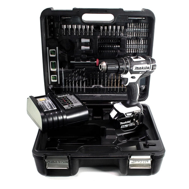 Taladro percutor inalámbrico Makita DHP 482 SMTKW 18 V 62 Nm + 1x batería 4,0 Ah + cargador + set de accesorios 101 piezas + estuche