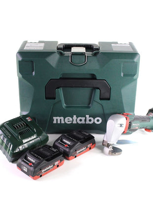 Tijeras de hojalata para batería Metabo SCV 18 LTX BL 1.6 18 V sin escobillas + 2 baterías LiHD 4,0 Ah + cargador + MetaLoc