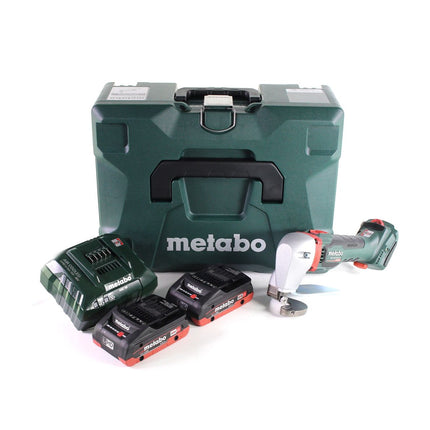 Tijeras de hojalata para batería Metabo SCV 18 LTX BL 1.6 18 V sin escobillas + 2 baterías LiHD 4,0 Ah + cargador + MetaLoc