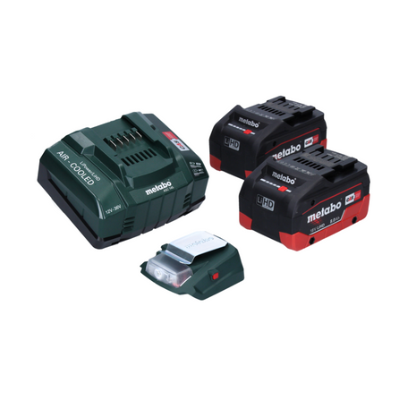 Metabo PA 14,4-18 LED-USB adaptateur secteur pour batterie, kit de base avec 2x batterie LiHD 8,0 Ah + chargeur ASC145