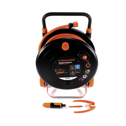 Carro portamanguera Fiskars rueda hidráulica L 30 m manguera (1023644) + accesorios