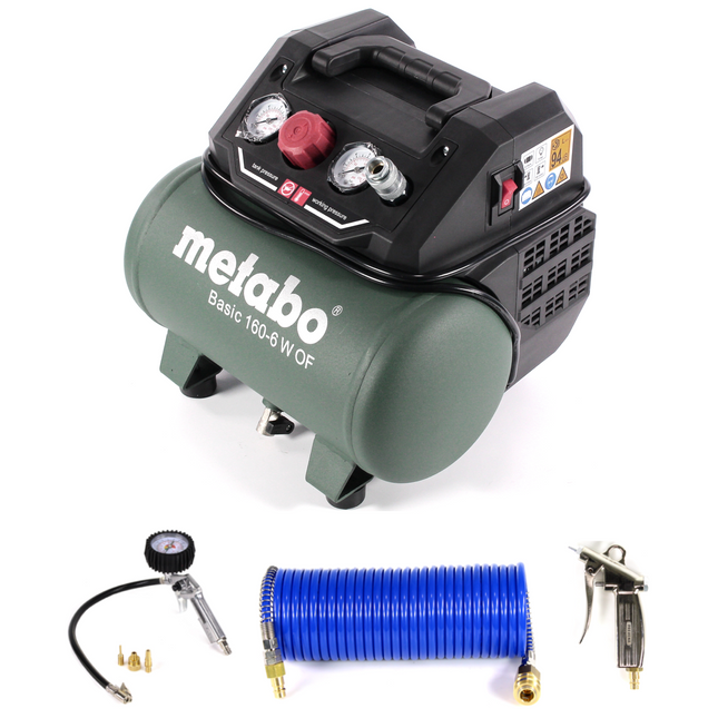 Compresor Metabo Basic 160-6 W OF 900 W 8 bar + manguera espiral Prebena + pistola de soplado + inflador de neumáticos