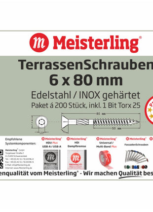 Tornillos para terraza Meisterling 6x80 mm 1000 piezas (5x 010010000041) Punta CUT Lente de 90° Cabeza avellanada con rosca gruesa Torx 2/3 Acero inoxidable VA