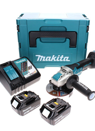 Amoladora angular a batería Makita DGA 519 RTJ 18 V 125 mm sin escobillas X-Lock + 2x baterías 5,0 Ah + cargador + Makpac