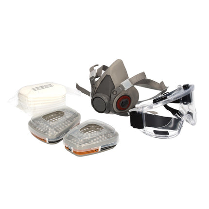 Set de mascarilla de protección respiratoria Kischers N 95 1x media mascarilla + 2x cartuchos de filtro + 8x filtros de algodón + gafas protectoras + 2x solapa de cierre