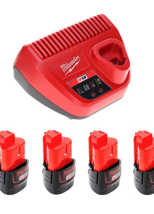 Kit de démarrage de batterie Milwaukee 12 V avec 4x batteries 1,5 Ah + chargeur M12 C12C