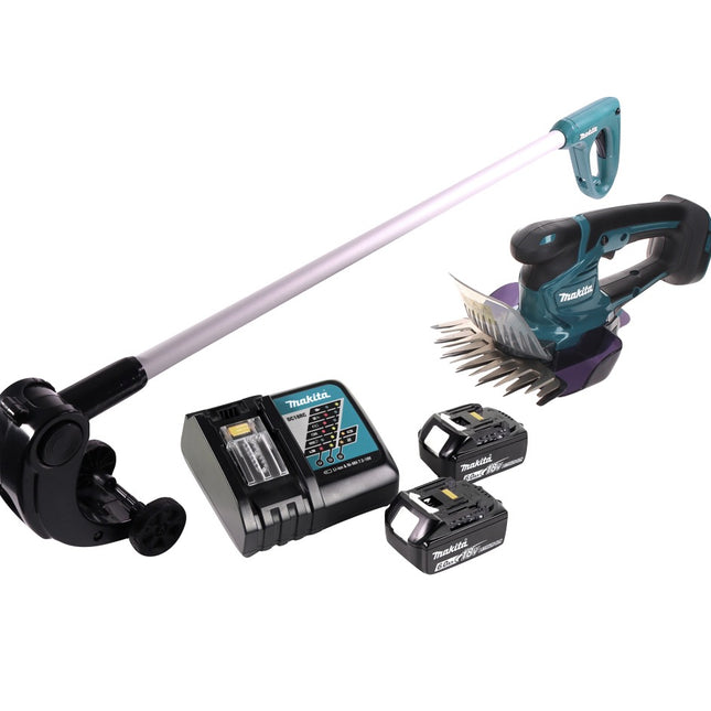 Tijera cortacésped a batería Makita DUM 604 RG 18 V + mango alargador con rodillo + 2x baterías 6,0 Ah + cargador