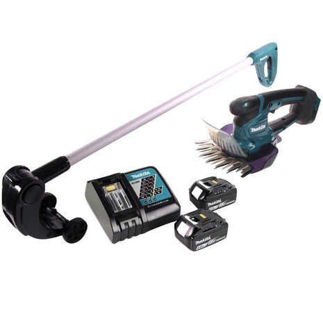 Tijera cortacésped a batería Makita DUM 604 RG 18 V + mango alargador con rodillo + 2x baterías 6,0 Ah + cargador