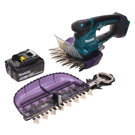 Tijeras para césped a batería Makita DUM 604 T1X 18 V con cuchilla para cortacésped y arbustos + 1x batería 5,0 Ah - sin cargador