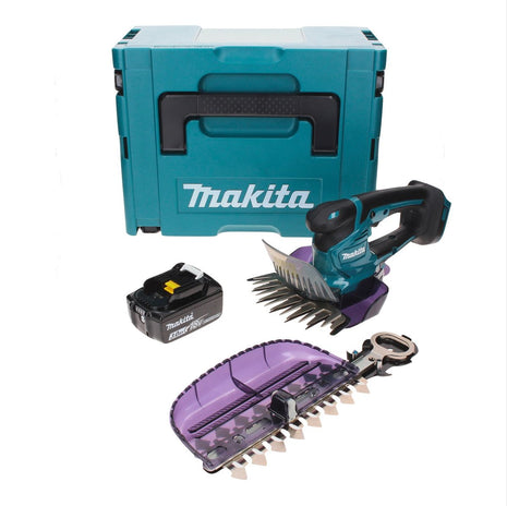 Tijeras para césped a batería Makita DUM 604 F1XJ 18 V con cuchilla para cortacésped y arbustos + 1x batería 3,0 Ah + Makpac - sin cargador