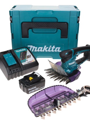 Tijeras para césped a batería Makita DUM 604 RF1XJ 18 V con cuchilla para cortacésped y arbustos + 1x batería 3,0 Ah + cargador + Makpac