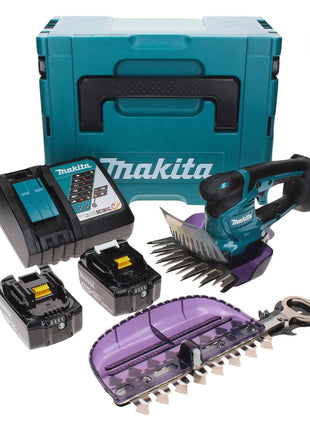 Tijera cortacésped a batería Makita DUM 604 RFXJ 18 V con cuchilla cortacésped y arbustos + 2x baterías 3,0 Ah + cargador + Makpac