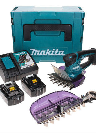 Tijera cortacésped a batería Makita DUM 604 RMXJ 18 V con cuchilla cortacésped y arbustos + 2x baterías 4,0 Ah + cargador + Makpac