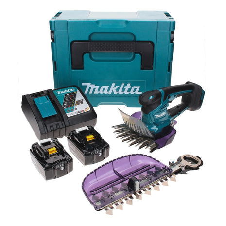 Cisaille à gazon sans fil Makita DUM 604 RMXJ 18 V avec lame de cisaille à herbe et arbustes + 2x batteries 4,0 Ah + chargeur + Makpac