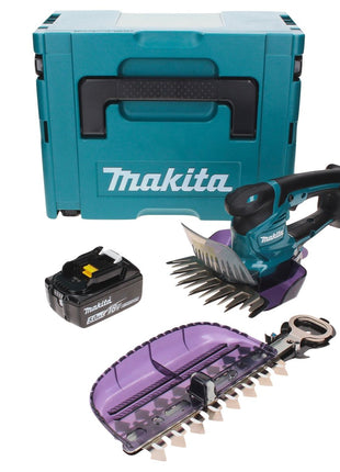 Tijeras para césped a batería Makita DUM 604 T1XJ 18 V con cuchilla para cortacésped y arbustos + 1x batería 5,0 Ah + Makpac - sin cargador