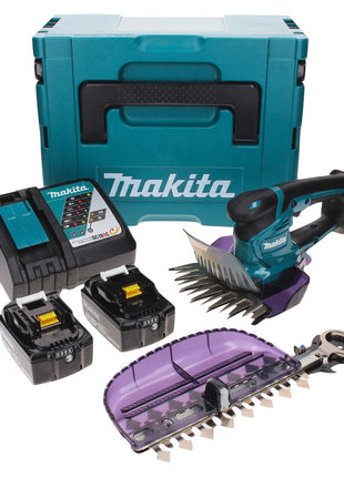 Tijera cortacésped a batería Makita DUM 604 RTXJ 18 V con cuchilla cortacésped y arbustos + 2x baterías 5,0 Ah + cargador + Makpac