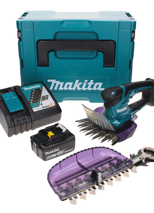 Tijera cortacésped a batería Makita DUM 604 RG1XJ 18 V con cuchilla cortacésped y arbustos + 1x batería 6,0 Ah + cargador + Makpac