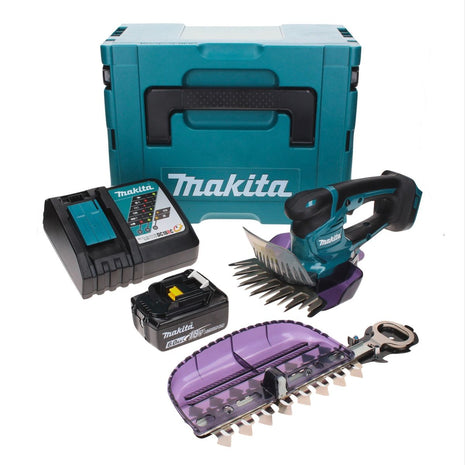 Tijera cortacésped a batería Makita DUM 604 RG1XJ 18 V con cuchilla cortacésped y arbustos + 1x batería 6,0 Ah + cargador + Makpac