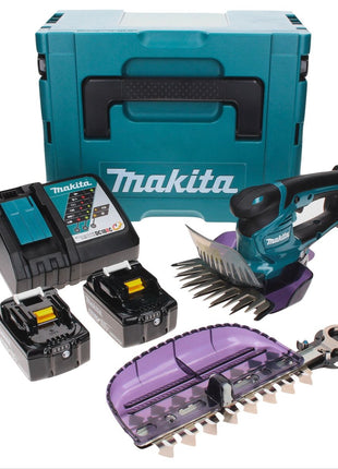 Tijera cortacésped a batería Makita DUM 604 RGXJ 18 V con cuchilla cortacésped y arbustos + 2x baterías 6,0 Ah + cargador + Makpac