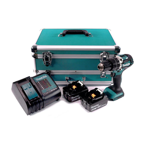 Taladro percutor a batería Makita DHP 484 STTX 18 V 54 Nm sin escobillas + 2x baterías 5,0 Ah + cargador + juego de brocas de 70 piezas + maletín de aluminio TX