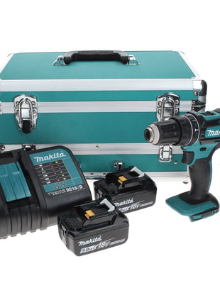 Taladro percutor inalámbrico Makita DHP 482 STTX 18 V 62 Nm + 2x baterías 5,0 Ah + cargador + juego de brocas de 70 piezas + maletín de aluminio TX