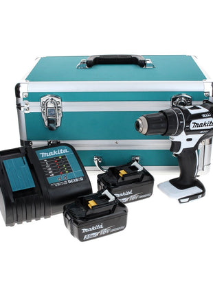 Makita DHP 482 SFTX W Taladro percutor inalámbrico 18 V 62 Nm blanco + 2x baterías 3,0 Ah + cargador + juego de brocas 70 piezas + maletín de aluminio TX