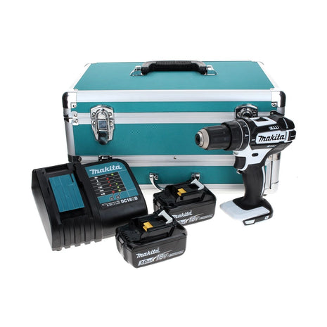 Makita DHP 482 SFTX W Taladro percutor inalámbrico 18 V 62 Nm blanco + 2x baterías 3,0 Ah + cargador + juego de brocas 70 piezas + maletín de aluminio TX