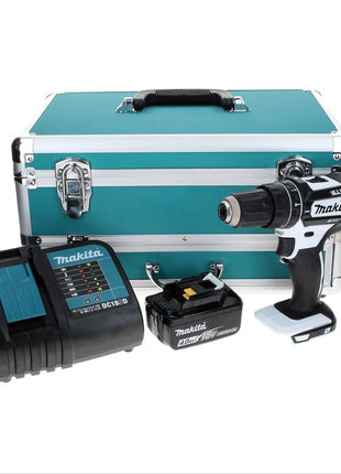 Makita DHP 482 SM1TX W Taladro percutor inalámbrico 18 V 62 Nm blanco + 1x batería 4,0 Ah + cargador + juego de brocas 70 piezas + maletín de aluminio TX