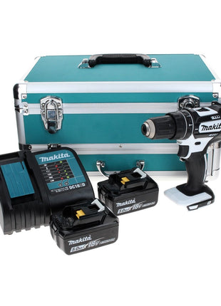 Makita DHP 482 STTX W taladro percutor inalámbrico 18 V 62 Nm blanco + 2x baterías 5,0 Ah + cargador + juego de brocas 70 piezas + maletín de aluminio TX