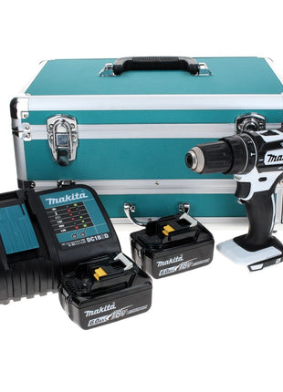 Makita DHP 482 SGTX W Taladro percutor inalámbrico 18 V 62 Nm blanco + 2x baterías 6,0 Ah + cargador + juego de brocas 70 piezas + maletín de aluminio TX