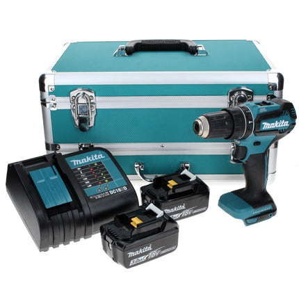 Taladro percutor a batería Makita DHP 485 SFTX 18 V 50 Nm sin escobillas + 2x baterías 3,0 Ah + cargador + juego de brocas de 70 piezas + maletín de aluminio TX