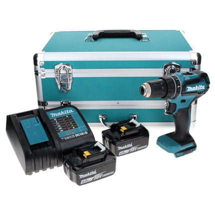 Taladro percutor a batería Makita DHP 485 SMTX 18 V 50 Nm sin escobillas + 2x baterías 4,0 Ah + cargador + juego de brocas de 70 piezas + maletín de aluminio TX
