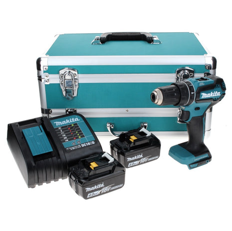 Taladro percutor a batería Makita DHP 485 SMTX 18 V 50 Nm sin escobillas + 2x baterías 4,0 Ah + cargador + juego de brocas de 70 piezas + maletín de aluminio TX