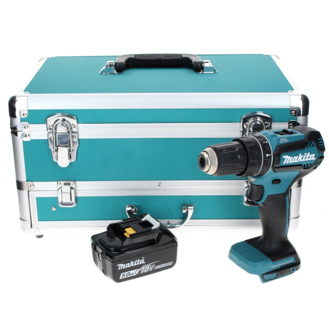 Makita DHP 485 T1TX taladro percutor inalámbrico 18 V 50 Nm sin escobillas + 1x batería 5,0 Ah + juego de brocas de 70 piezas + maletín de aluminio TX - sin cargador
