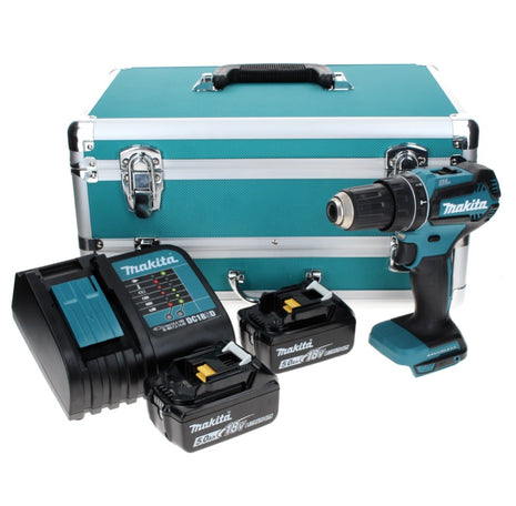 Makita DHP 485 STTX Trapano avvitatore con percussione a batteria 18V 50Nm + 2x Batterie 5,0 Ah + Caricabatterie + Set 70 punte + Valigetta in alluminio TX