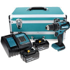 Taladro percutor a batería Makita DHP 485 SGTX 18 V 50 Nm sin escobillas + 2x baterías 6,0 Ah + cargador + juego de brocas de 70 piezas + maletín de aluminio TX
