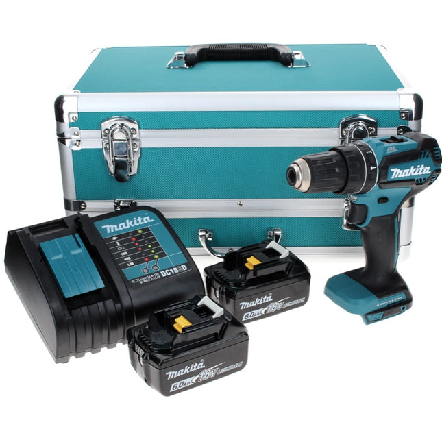 Taladro percutor a batería Makita DHP 485 SGTX 18 V 50 Nm sin escobillas + 2x baterías 6,0 Ah + cargador + juego de brocas de 70 piezas + maletín de aluminio TX