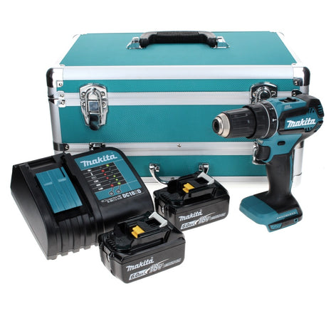 Taladro percutor a batería Makita DHP 485 SGTX 18 V 50 Nm sin escobillas + 2x baterías 6,0 Ah + cargador + juego de brocas de 70 piezas + maletín de aluminio TX