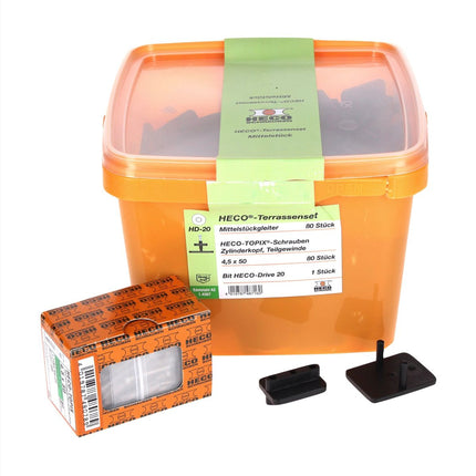 HECO Terrassengleiterset Mittelstück 80 tlg. ( 48716 ) mit HECO TOPIX 4,5 x 50 mm HD 20 Schrauben Set in Kunststoffbox - Toolbrothers