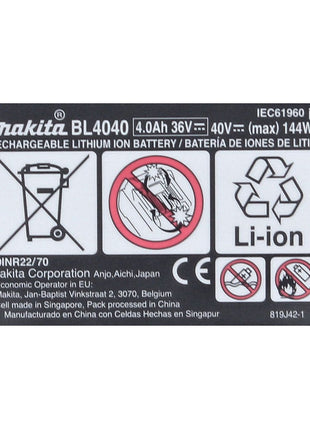 Akumulator Makita BL 4040 40 V maks. 4,0 Ah XGT Li-Ion ( 191B26-6 ) Stopień ochrony IP64 z wyświetlaczem LED