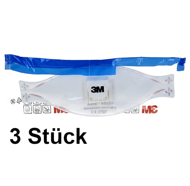 Mascarilla respiratoria 3M FFP3 Aura 9332+ con válvula 3 piezas EN149:2001 FFP3 NR D para materiales aislantes y madera dura