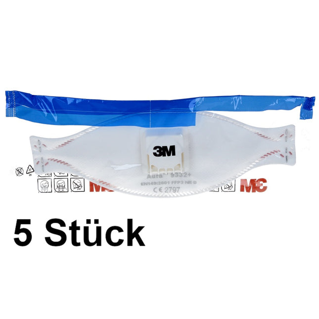 Mascarilla respiratoria 3M FFP3 Aura 9332+ con válvula 5 piezas (7100140354) EN149:2001 FFP3 NR D para materiales aislantes y madera dura